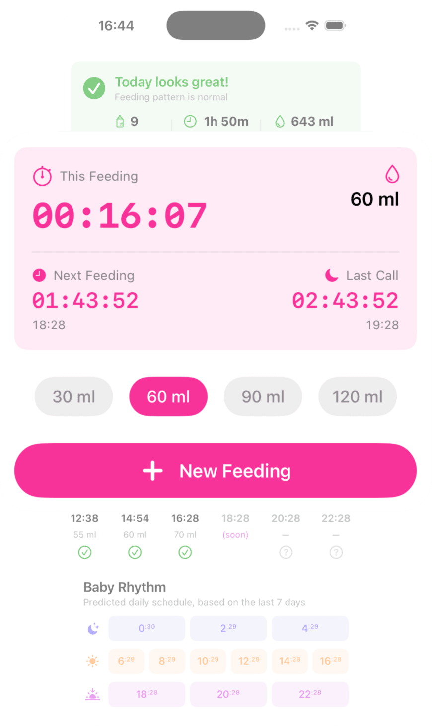 Three timers — This Feeding, Next Feeding, Last Call